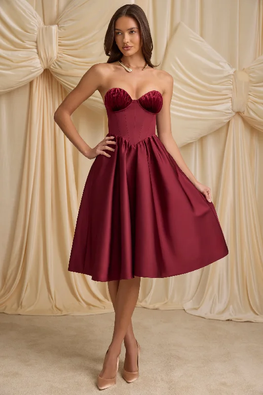 Formal Outfit For Women Fashionista Favorites Strapless Corset Midi Dress in Wine Red