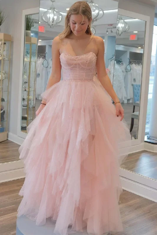 Fashionable Women's Casual Apparel Don'T Miss Out Pink A-Line Strapless Ruffles Tulle Sleeveless Long Formal Prom Dress