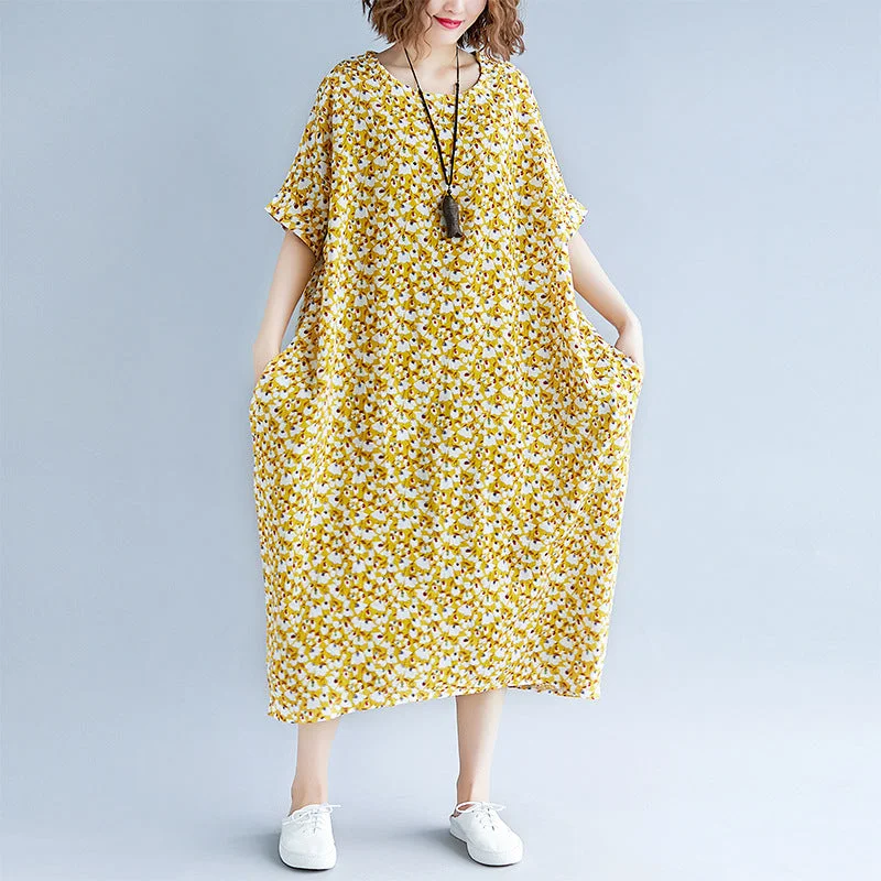 Stylish Women's Outfit Huge Markdowns fashion yellow cotton linen dresses casual print short sleeve cotton gown fine o neck dresses