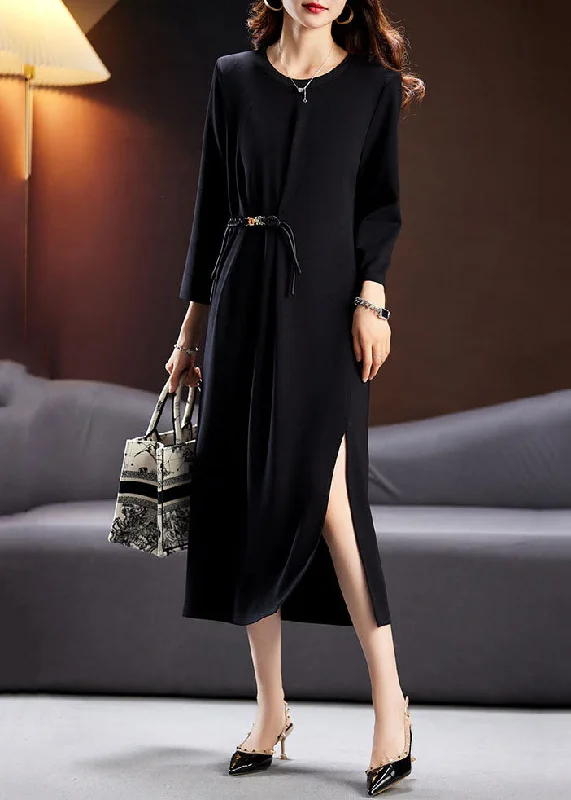 Affordable Women's Apparel Trendy Women’S Wear Elegant Black Wrinkled Tunic Maxi Dresses Long Sleeve