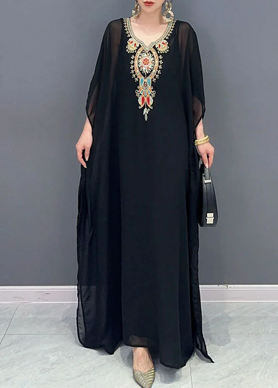 Comfortable Women's Apparel High-End Women’S Wear Bohemian Black V Neck Embroidered Patchwork Tulle Maxi Dresses Long Sleeve