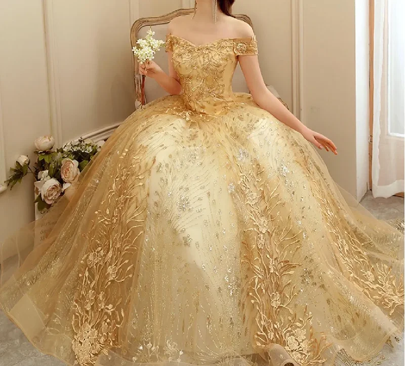 Women's Sporty Clothes Big Discounts Gold Embroidered Formal Prom Dress,Off Shoulder Gold Dress,Yellow Princess Prom Dress,Bridal Shower Dress,Wedding Dress,Evening Party Dress