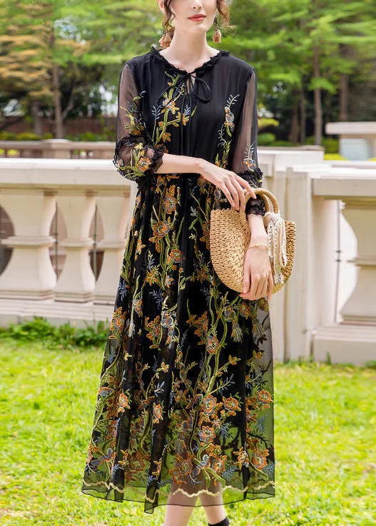 Women's Night-Out Outfit Redefining Women's Fashion Stylish Black Embroideried Hollow Out Silk Maxi Dresses Summer