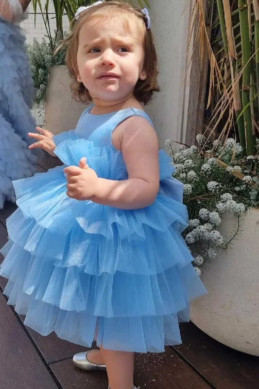 Formal Garments For Women Trend Alert Multi-Tiered Blue Sleeveless Bow Back Flower Girl Dress