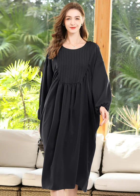 Timeless Women's Outfit Trendy Threads Diy Black Oversized Patchwork Wrinkled Chiffon Maxi Dress Batwing Sleeve