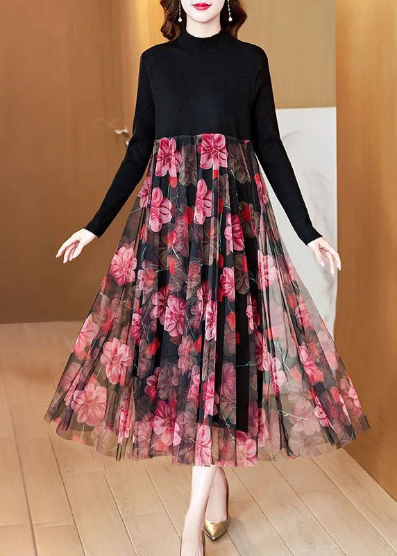 Women's Elegant Formal Outfit Catch Every Fashion Trend Boutique Black High Neck Patchwork Tulle Print Knit Maxi Dresses Spring