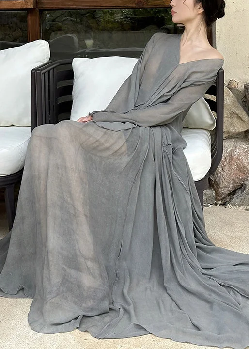 Women's Professional Outfit Premium Style Art Grey V Neck Wrinkled Cotton Maxi Dresses Long Sleeve