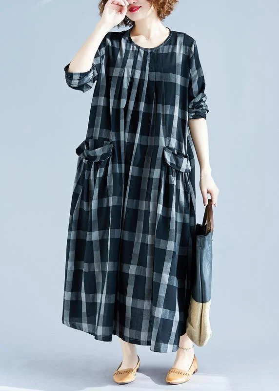 Women's Tailored Outfit Fashion Essentials DIY O Neck Pockets Spring Tunics Gray Plaid Maxi Dress