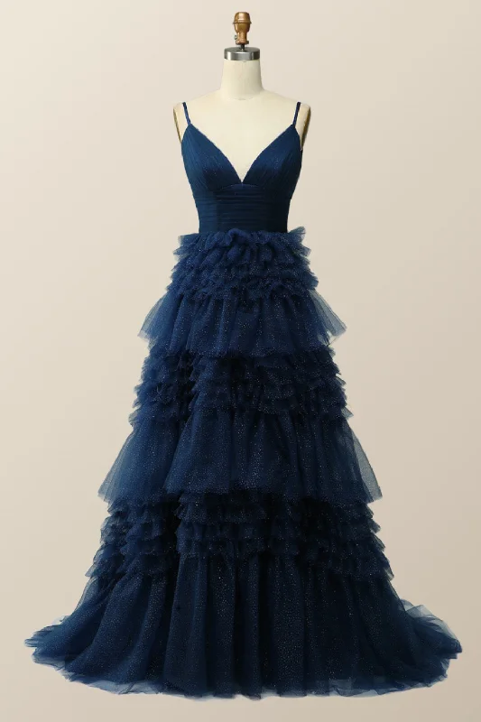 Women's Luxury Apparel New In This Season Navy Blue Tiered Ruffle Long Ball Gown with Straps