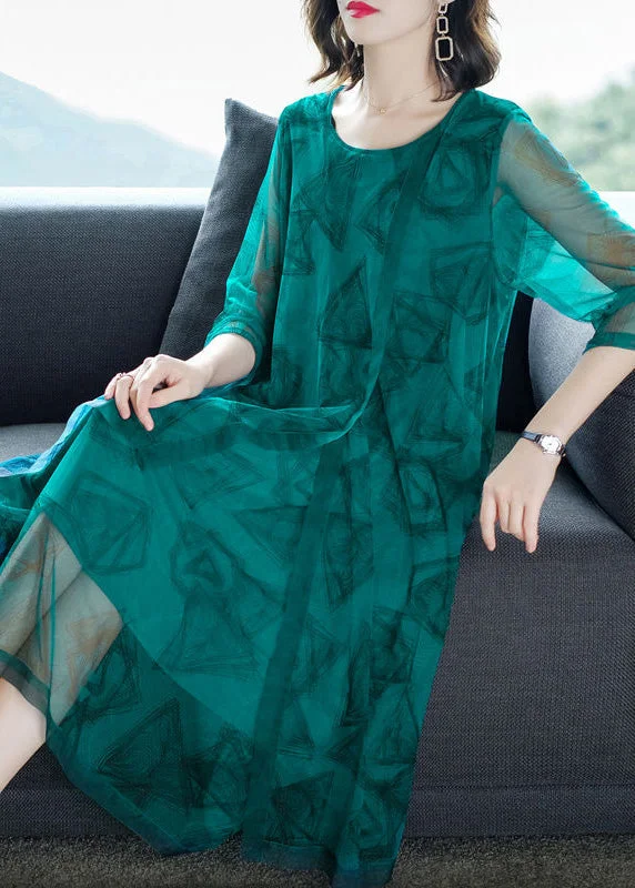 Women's Timeless Attire Update With Cottagecore Styles Fashion Green O-Neck Print Patchwork Tulle Maxi Dresses Summer