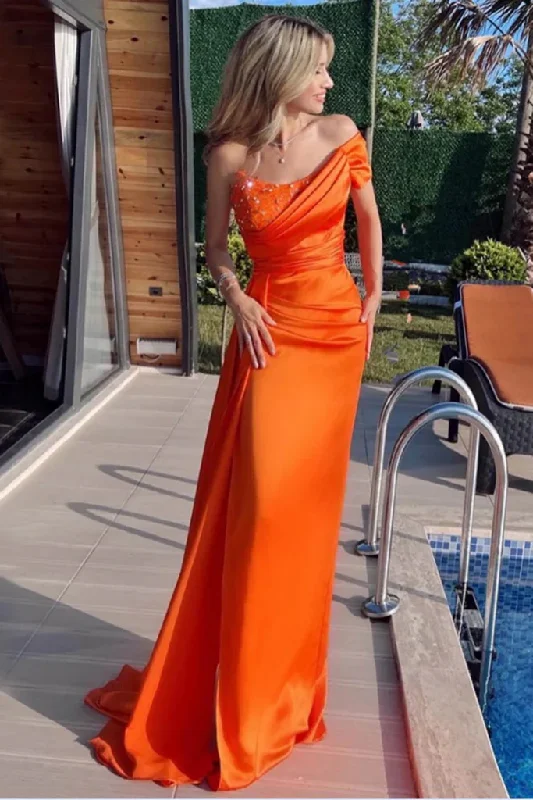 Women's Casual Garments Women’S Urban Fashion Orange Mermaid Pleated Satin Empire-Waist Long Formal Prom Dress