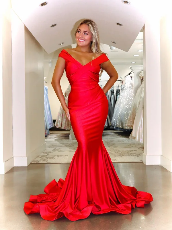 Comfortable Outfit For Women Fashion Forward Femininity Off Shoulder Long Mermaid Red Prom Dresses, Satin Prom Dresses, Newest 2021 Prom Dresses