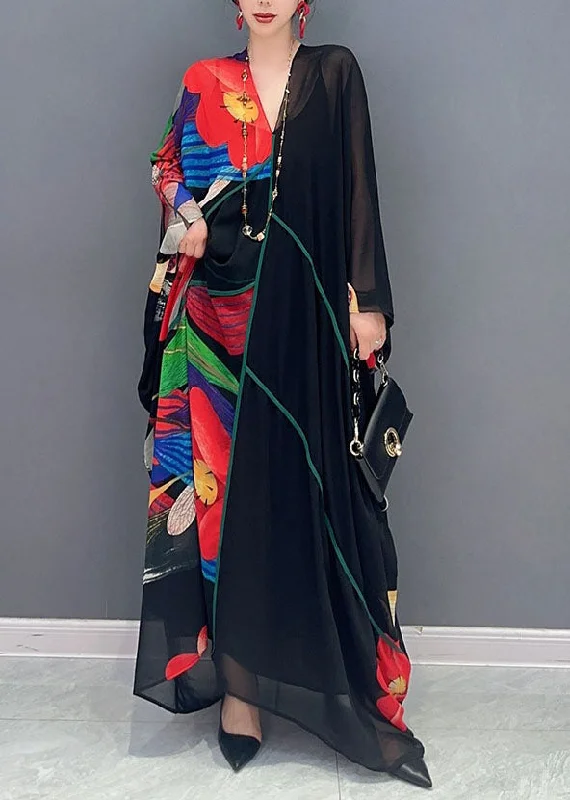 Women's Clothes And Garments Style Upgrade Boho Black V Neck Print Patchwork Chiffon Maxi Dress Summer