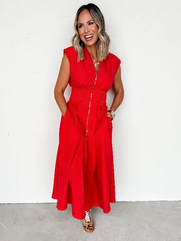 Stylish Women's Attire Holiday Attire Sale Think Positive Thoughts V Neck Midi Dress-Red