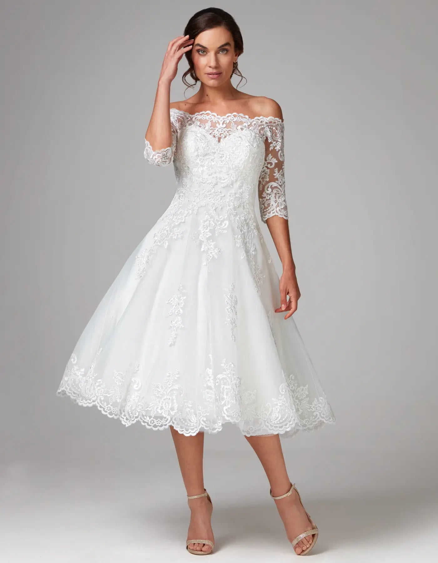 Vintage-Inspired Women's Apparel Comfortable Clothes DingJiDress a vintage style tea-length dress with sleeves Wedding Dresses