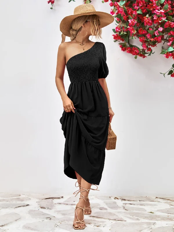 Chic Clothes For Women Feminine Grace Smocked One-Shoulder Midi Dress