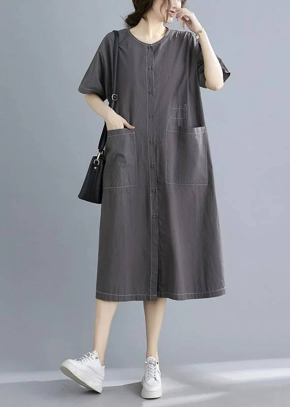 Women's Clothing For Casual Outings Stylish Looks Classy Grey Button Cotton O-Neck Summer Maxi Dresses