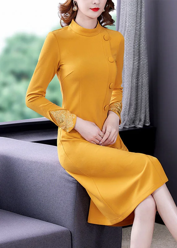 Women's Resort Attire Spring Fling Sale Elegant Yellow O-Neck Embroidered Button Maxi Dress Fall