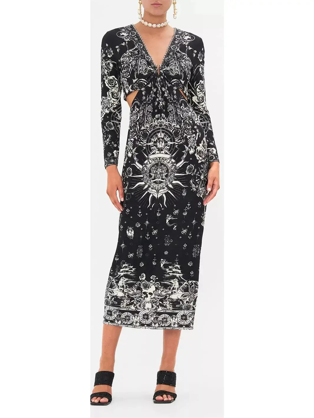 Women's Charming Outfit For Events Final Clearance Black and White Tattoo Printed Cut-Out Embellished V-Neck Silk Midi Dress