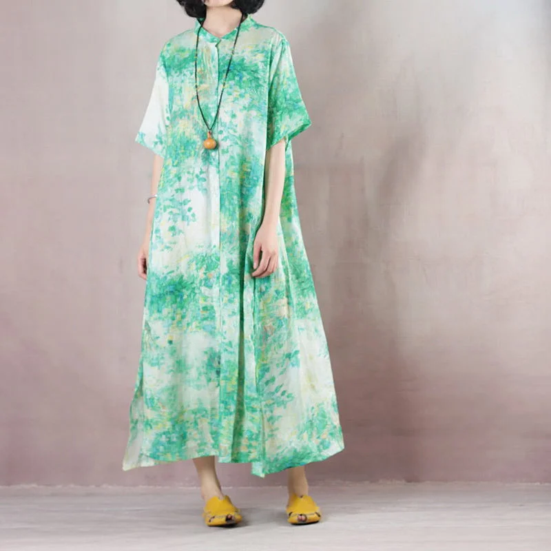 Timeless Women's Clothing Hot Deals fine green linen caftans oversized Stand gown 2018 short sleeve print kaftans