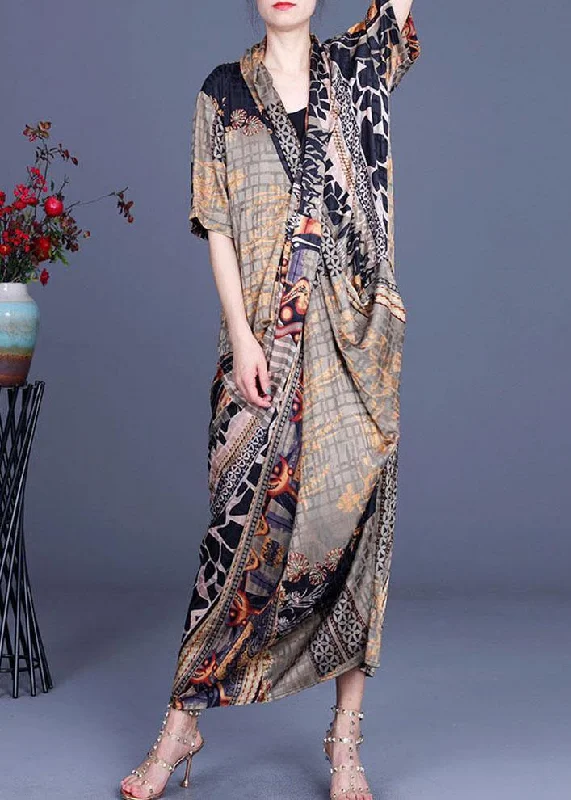 Charming Everyday Clothing For Women Trend Alert Boutique Khaki Print Overlapping Asymmetrical Design Chiffon Summer Maxi Dress