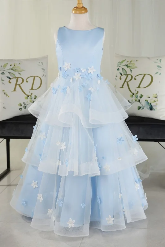 Women's Professional Garments Evening Elegance Multi-tiered Light Blue Sleeveless Flower Girl Dress with 3D Flowers