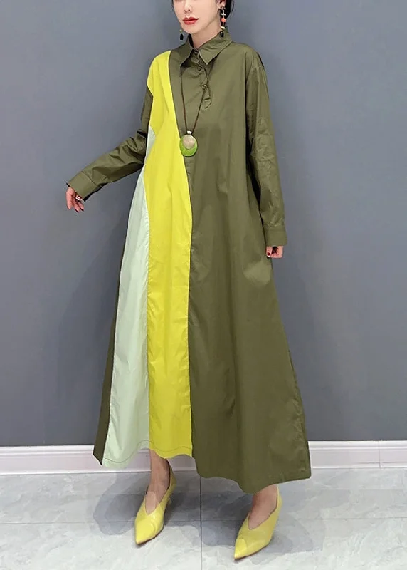 Women's Plus-Size Casual Outfit Women's Fashion Hotspots Plus Size Army Green Peter Pan Collar Patchwork Cotton Maxi Dresses Spring