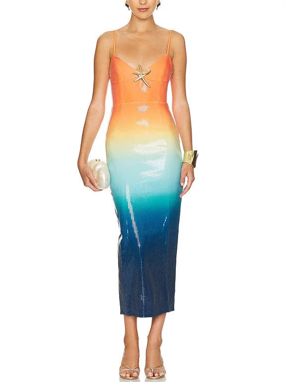 Women's Stylish Vacation Attire Fashion For Every Occasion Ombre Sequined Midi Dress with Starfish Brooch