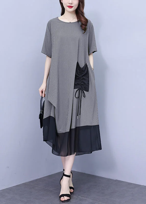 Women's Casual Garments Budget-Friendly Fashion Grey O-Neck Wrinkled Chiffon Maxi Dresses Summer