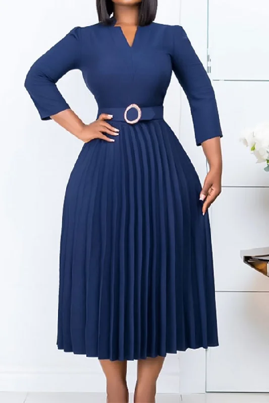 Women's Comfortable Lounge Outfit Feminine Grace Solid Color Simple Belted Pleated Midi Dress