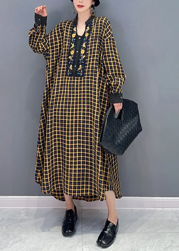 Women's Elegant Evening Outfit Trendy Women's Collection Yellow Plaid Patchwork Maxi Dresses Oversized Spring