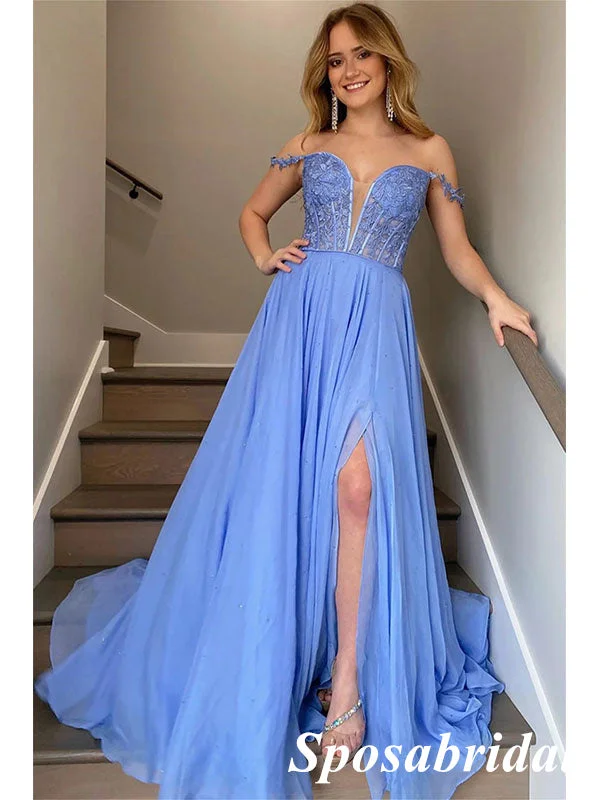 Affordable Women's Outfit Casual Weekend Relaxed Style Elegant Tulle And Lace Beading Off Shoulder Sleeveless Side Slit A-Line Long Prom Dresses, PD3749