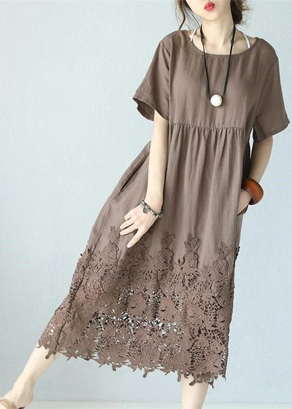 Women's Casual Clothing For Lounging Casual Chic women khaki linen maxi dress Loose fitting O neck traveling dress women short sleeve baggy dresses