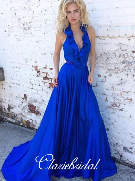 Women's Clothes And Apparel Minimalist Chic V-neck Long A-line Ruffled Royal Blue Prom Dresses, Elastic Satin Prom Dresses, Beaded Prom Dresses