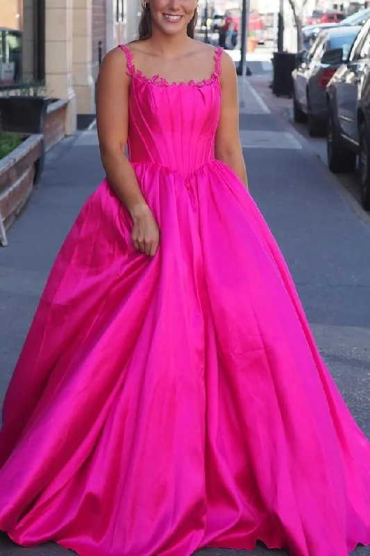 Elegant Women's Evening Garments Casual Fashion Hot Pink A-Line Straps Square Neck Satin Pleated Long Prom Dress