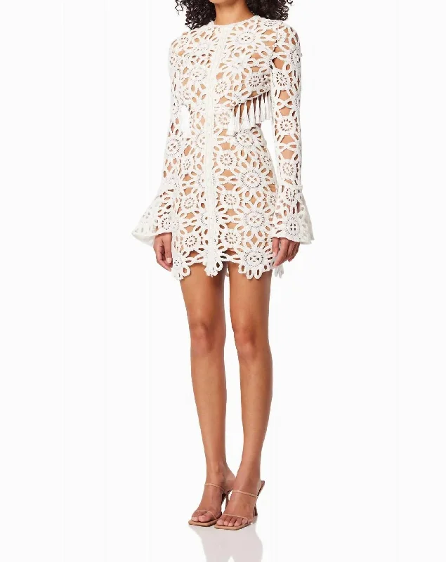 Women's Clothing For Holiday Travel Feminine Elegant Long Sleeve Cutout Lace Mini Dress In White