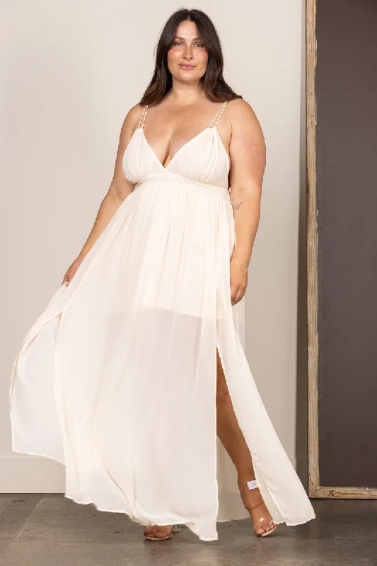 Fashionable Women's Clothing Seasonal Sale IVORY CHIFFON OPEN BACK PLUS SIZE MAXI DRESS D3993