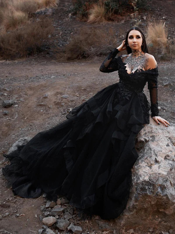 Women's Wedding Apparel Everyday Wear DingJiDress Off Shoulder V-neck Long Sleeves Applique Tiered Skirt Black Gothic Wedding Dress