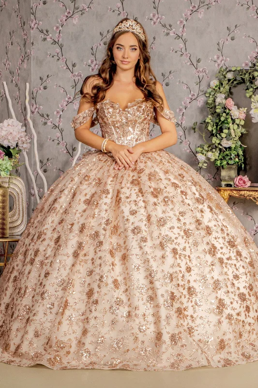 Women's Functional Outdoor Garments Feminine Soft - Hued Styles Glitter Print Off Shoulder Corset Ball Gown by GLS Gloria GL3485