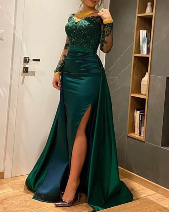 Women's Activewear Apparel Sleek Design 2025 Green Lace Prom Dresses Satin Mermaid V-neck Evening Dresses with Sleeves