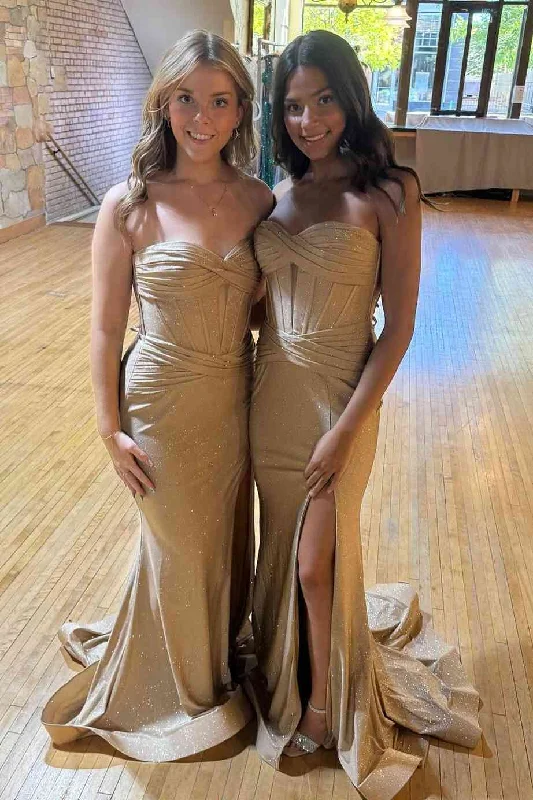 Women's Clothes And Apparel Trendy Clothing Sale Mermaid Strapless Sleeveless Pleated Glitter Gold Long Prom Dress