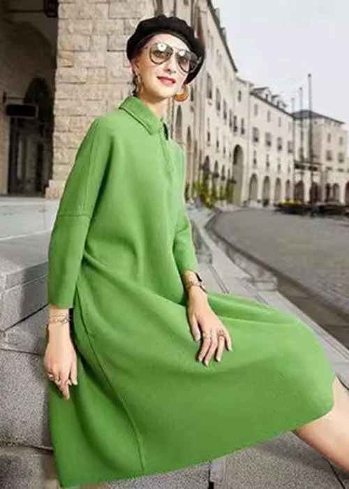 Charming Women's Holiday Apparel Graceful Fashion French Green Peter Pan Collar Patchwork Woolen Maxi Dress Long Sleeve