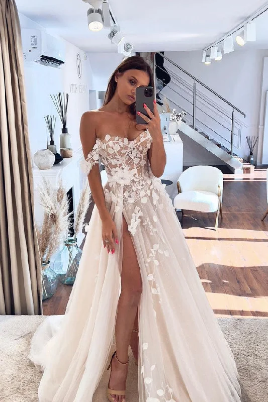 Affordable Women's Clothing New Arrivals Off-the-shoulder Sweetheart Tulle Wedding Dresses with 3D Appliques N036