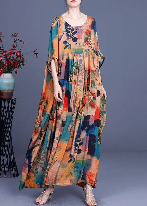 Women's Classic Outfit Seasonal Trend French Orange Print Button Batwing Sleeve Chiffon Summer Maxi Dresses