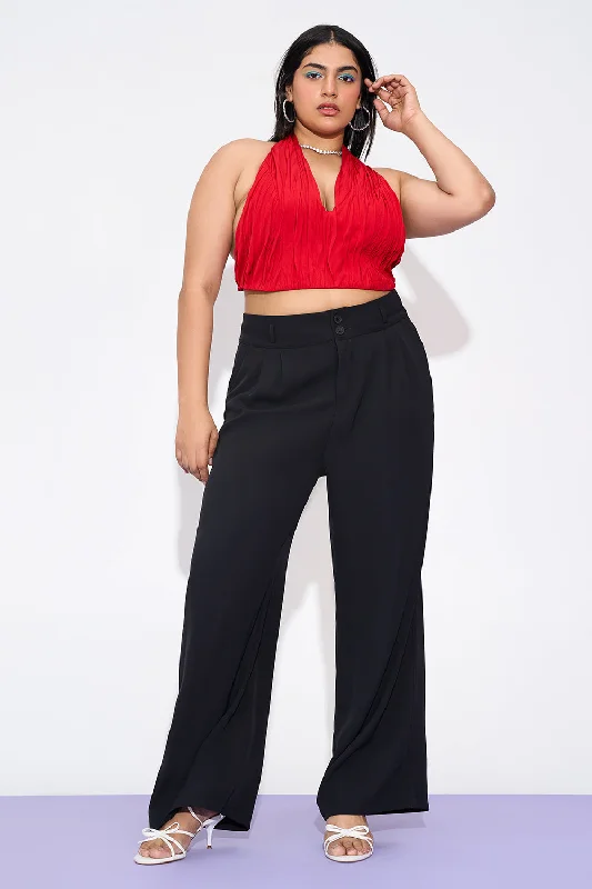 Stylish Women's Attire Trendy Street Style Attire Starlet Black Curve Pleated Double Button Korean Pants