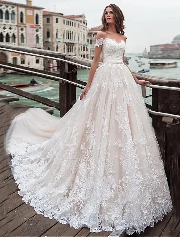 Women's Contemporary Clothing Beat The Heat In Tropical Styles Engagement Formal Wedding Dresses Chapel Train Ball Gown Short Sleeve Off Shoulder Lace With Appliques