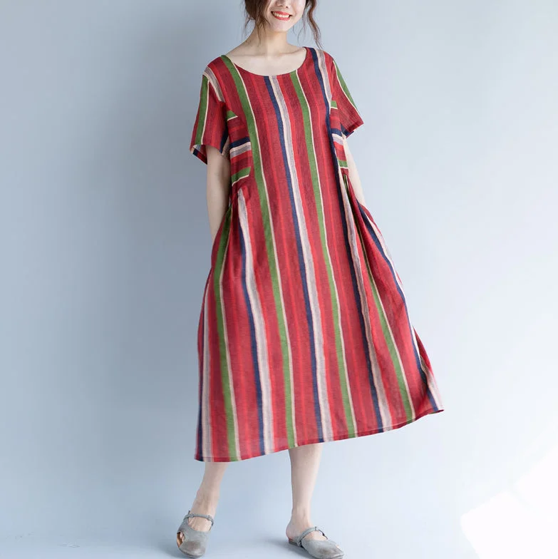 Women's Clothing Sets Seasonal Trends New red cotton linen maxi dress trendy plus size O neck traveling clothing 2018 striped short sleeve gown