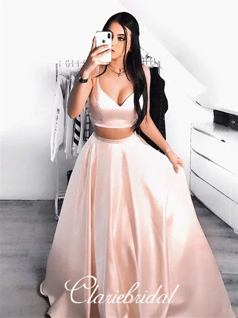 Women's Luxury Apparel Exquisite Craftsmanship 2 Pieces Pink Satin Prom Dresses, Simple A-line Prom Dresses, 2020 Prom Dresses, Long Prom Dresses