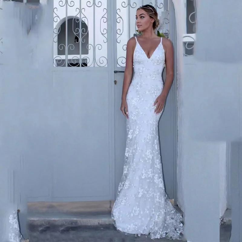 Women's Resort Attire Trendy Attire For Her DingJiDress Wedding Dress Lace Applique Spaghetti Straps Mermaid V Neck Open Back Bodycon Long Bridal Gown Formal Women's Dresses