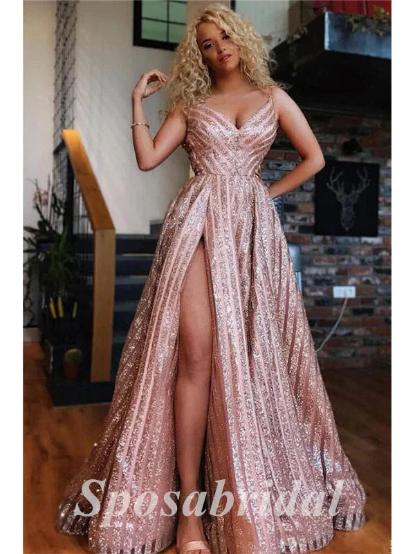 Women's Romantic Outfit Holiday Sale Sexy Sequin Tulle Spaghetti Straps V-Neck Sleeveless Side slit A-Line Long Prom Dresses, PD3603